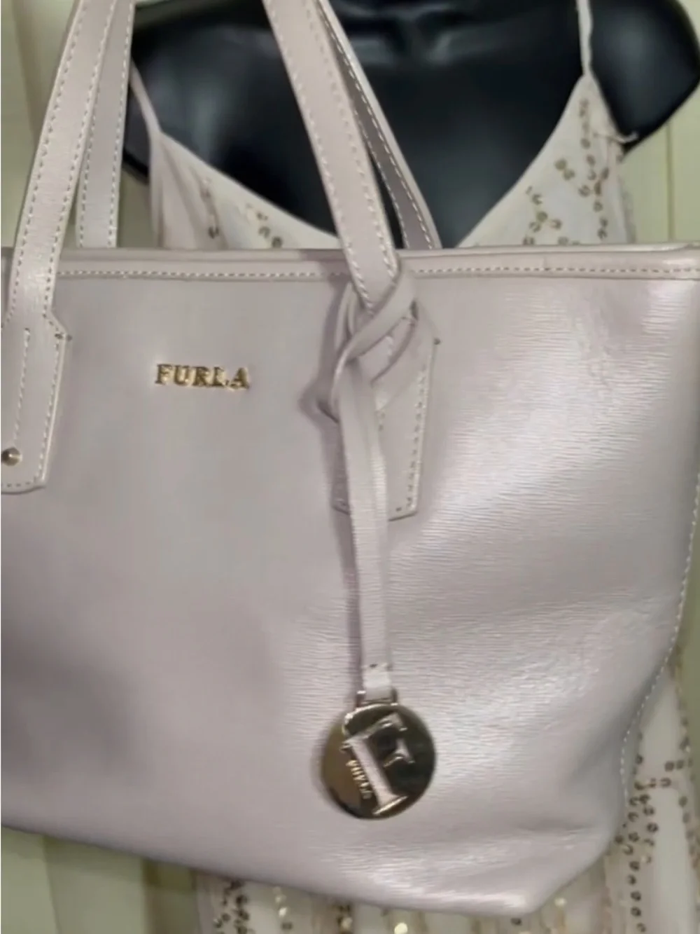 Furla Pearl Gray Italian Saffiano Leather Tote Purse Bag with Charm EUC